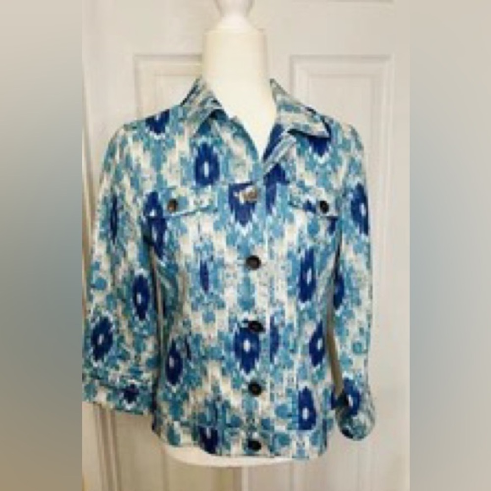 Chico's Jacket Blazer Aqua White Long Sleeve Colorful Jean Style Linen NWT Sz 0